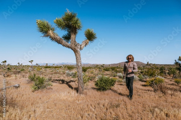 Fototapeta Joshua tree a curly haired blonde man is walking in the fierce heat and deep blue skies of the south western desert of North America, wearing dark sunglasses, a beige linen shirt