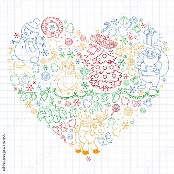 Fototapeta Merry Christmas and happy new year. Santa Claus, deer, snowman, penguin. Vector pattern.