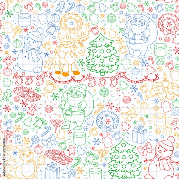 Fototapeta Merry Christmas and happy new year. Santa Claus, deer, snowman, penguin. Vector pattern.