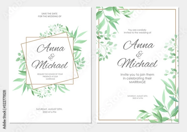 Fototapeta Wedding invitation with green leaves geometric border. Floral invite modern card template set. Vector illustration.