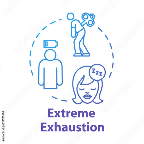 Obraz Extreme exhaustion concept icon. Woman without energy. Overwork and burnout. Cold symptom. Chronic weakness. Fatigue idea thin line illustration. Vector isolated outline RGB color drawing