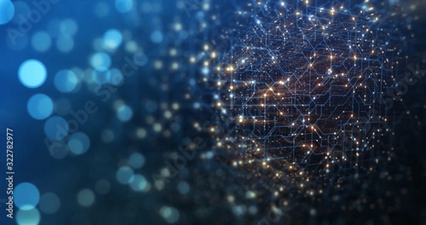 Fototapeta Streszczenie tech tło wykonane z płytki drukowanej. Efekt głębi ostrości i bokeh. połączenia internetowe, przetwarzanie w chmurze i sieci neuronowe, duże zbiory danych. Renderowania 3D
