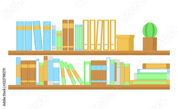 Fototapeta Wall shelves with books and cactus in a pot. Isolated on a white background. Flat design. Vector illustration.