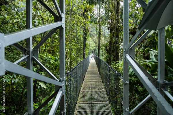Fototapeta Wide angle shot of the beginning of a hanging bridge in Costa Rica, overlooking the pluvial rainforest. Amazing view of the nature around and below.