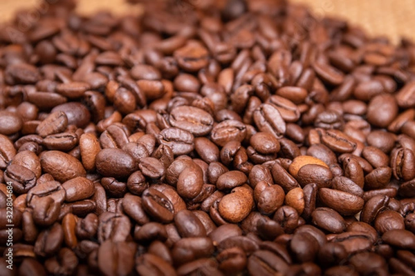 Fototapeta Cup of coffee, bag and scoop on old background