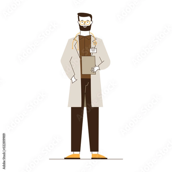 Fototapeta Male physician in white coat. Doctor with stethoscope holding medical history flat vector illustration. Medicine, healthcare, practitioner concept for banner, website design or landing web page