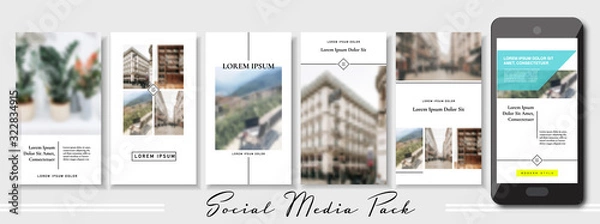 Fototapeta social media banner. Set of beige pastel stories and post frame photo templates. Vector cover. Endless puzzle layout for promotion. Design blur wallpaper web pack. Mockup for personal blog, shop. a4