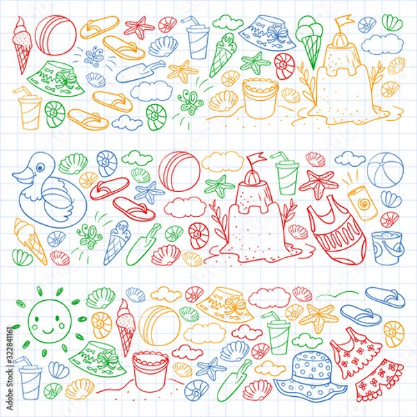 Fototapeta Vector set of beach icons for summer posters, banners. Sea, ocean vacations. Kids drawing style.