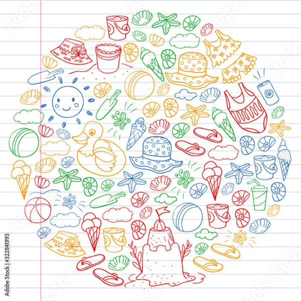 Fototapeta Vector set of beach icons for summer posters, banners. Sea, ocean vacations. Kids drawing style.