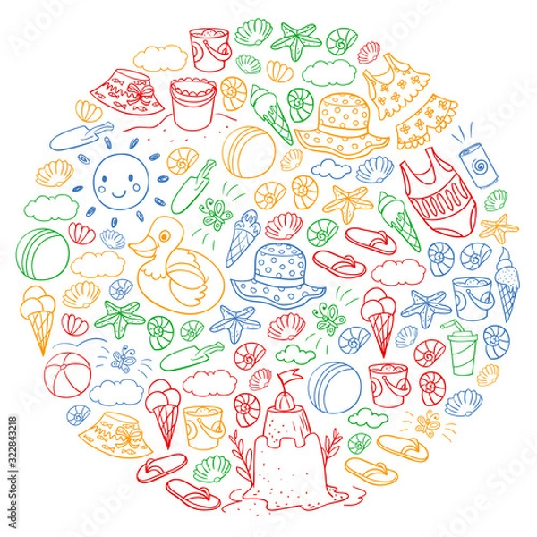 Fototapeta Vector set of beach icons for summer posters, banners. Sea, ocean vacations. Kids drawing style.