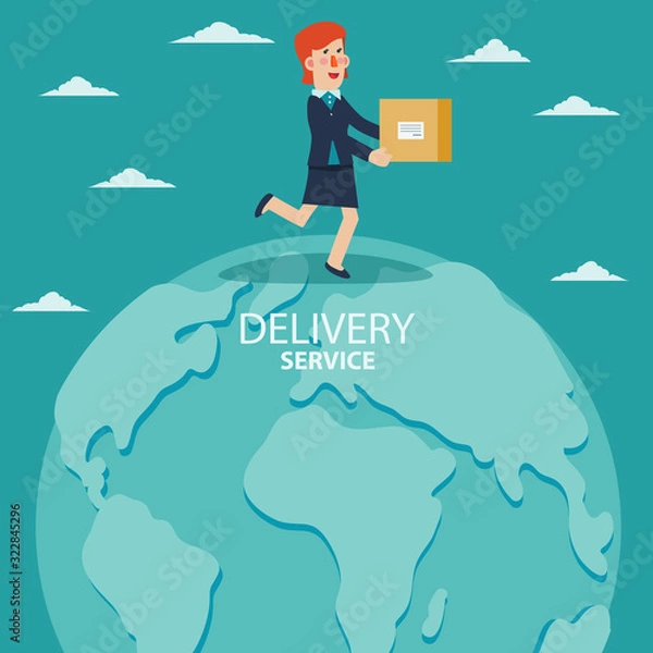 Obraz Young business woman running over the world map. Post letter, delivery service or e-mail vector concept