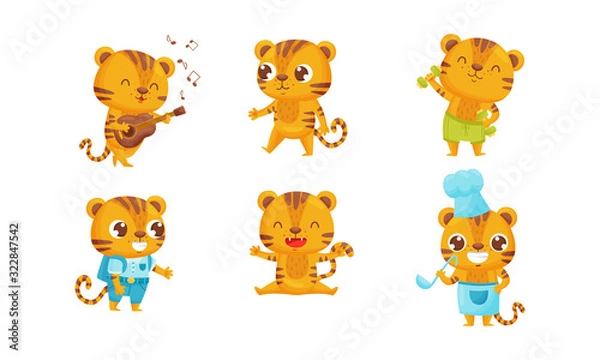 Fototapeta Cartoon Tiger Cub Playing Guitar and Doing Physical Exercise Vector Set