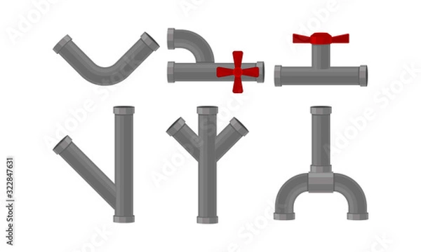 Fototapeta Pipelines and Valves Elements Isolated on White Background Vector Set