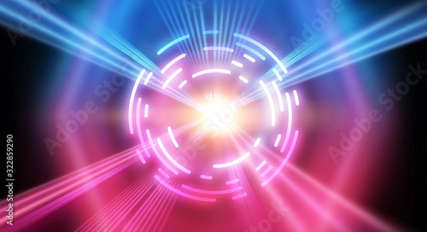 Fototapeta Dark abstract futuristic background. The geometric shape of the cyber circle in the middle of the scene. Neon blue-pink rays of light on a dark background