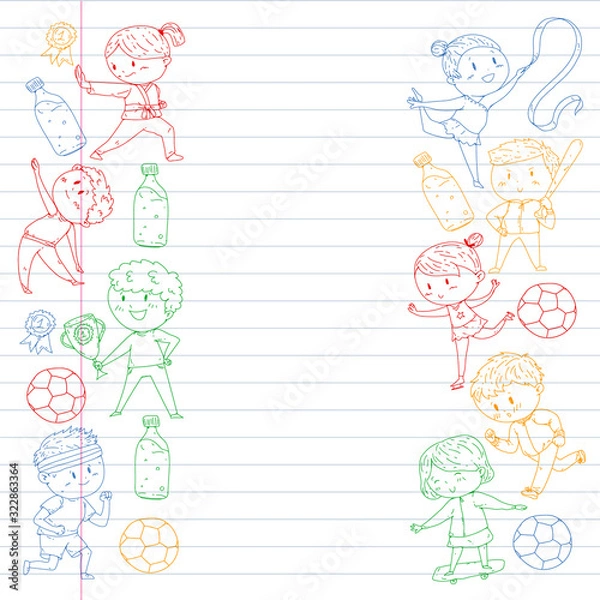 Fototapeta Children and sport. Vector illustration of activities. Football, soccer, running, dancing, martial arts. Health care in school and kindergarten.