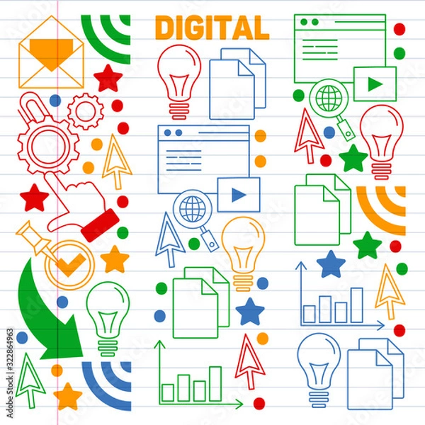 Fototapeta Digital marketing pattern with vector icons. Management, start up, business, internet technology.