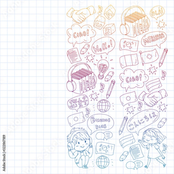 Fototapeta Dialog clouds with HELLO Vector pattern for language class, online courses. English, arabic, italian, japanese, spanish, chinese, german.