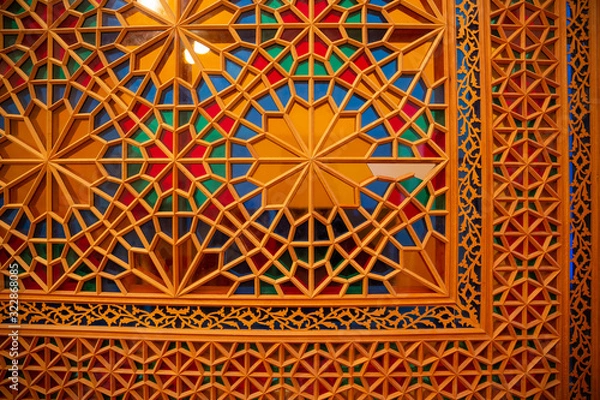 Obraz Photo of artisans workshop in Sheki, Azerbaijan. Shabaka Azerbaijan traditional stained glass technique using wood without nails and glue.