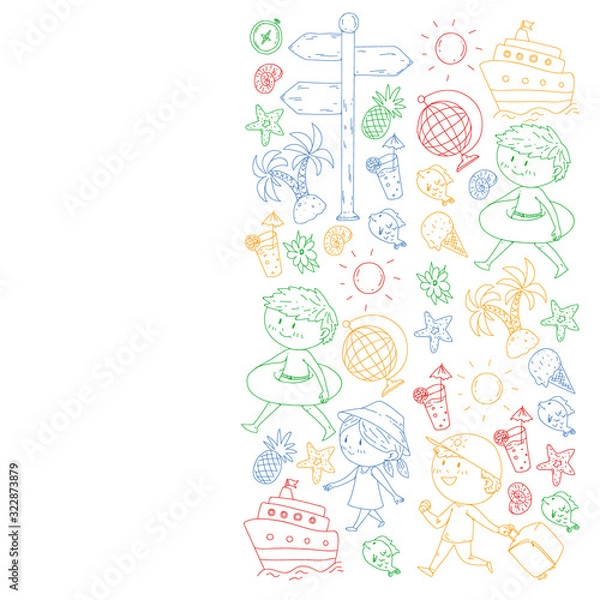 Fototapeta Set of summer icons with children. Kids swim with swimming mask and flippers, inflatable ring, sunbathe on the beach, take photos.
