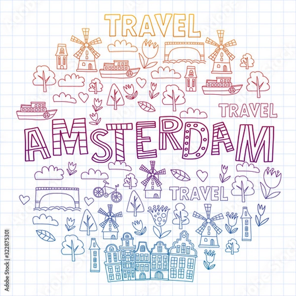 Fototapeta Vector pattern with Holland, Netherlands, Amsterdam icons. Doodle style.