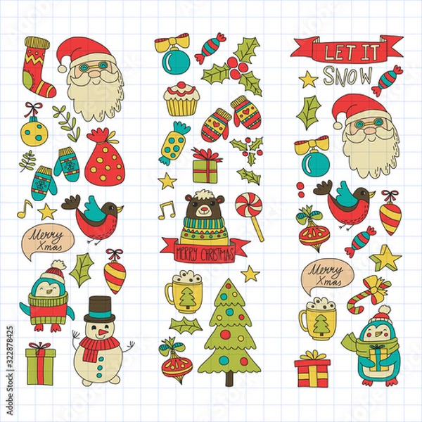 Fototapeta Christmas element in doodle kids drawing style. Vector pattern.