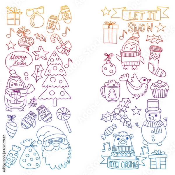 Fototapeta Christmas element in doodle kids drawing style. Vector pattern.