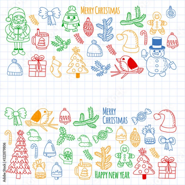 Fototapeta Christmas element in doodle kids drawing style. Vector pattern.