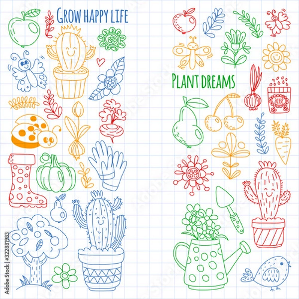 Fototapeta Cute gardening. Icons for banners. Vector pattern for backgrounds.
