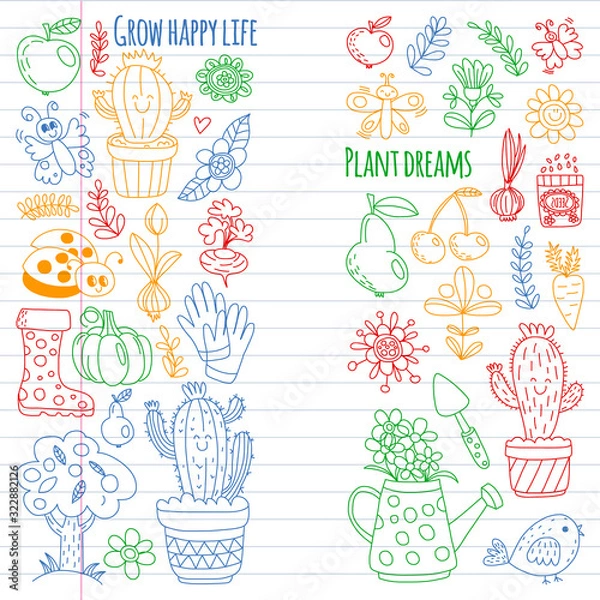 Fototapeta Cute gardening. Icons for banners. Vector pattern for backgrounds.