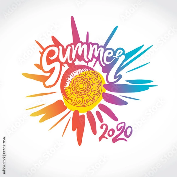 Fototapeta Vector logo Summer 2020. Bright rays of the colorful sun, an inscription by hand and a circle of ethnic ornament. Stylish seasonal pattern.