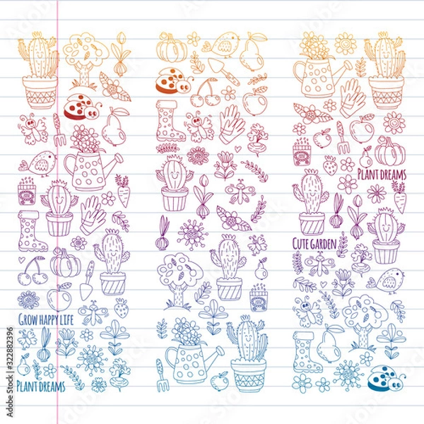 Obraz Cute gardening. Icons for banners. Vector pattern for backgrounds.