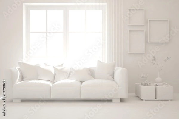 Fototapeta Mock up of stylish room in white color with sofa. Scandinavian interior design. 3D illustration