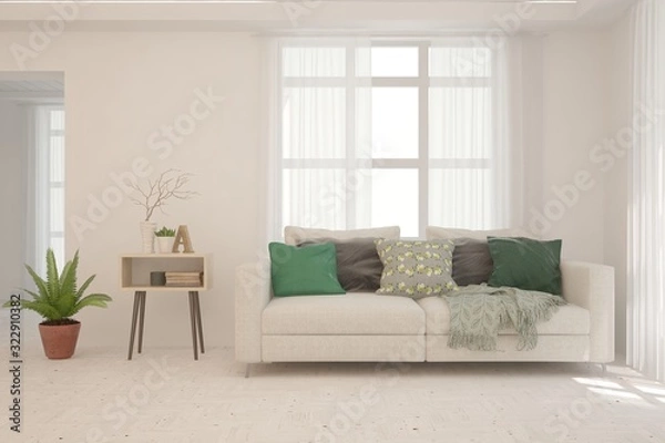 Fototapeta Stylish room in white color with sofa. Scandinavian interior design. 3D illustration