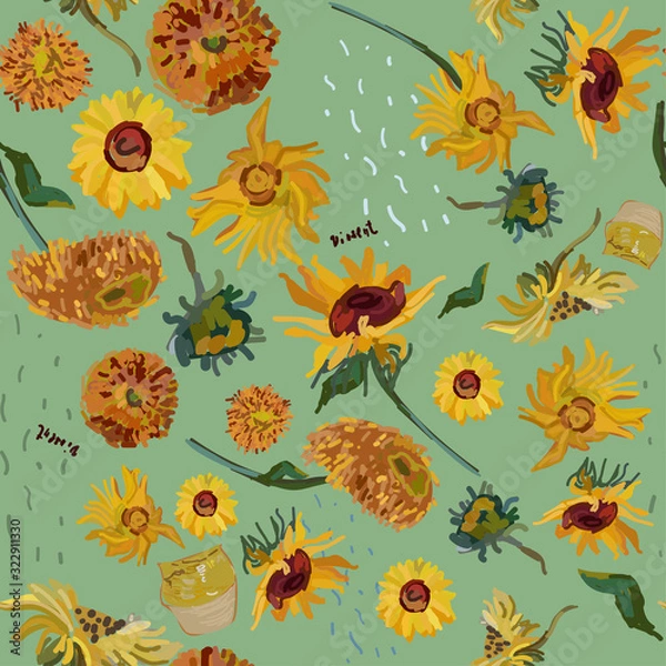 Obraz Kwiaty słonecznika na tle zieleni morskiej. Ilustracja wektorowa na podstawie obrazu Van Gogha.