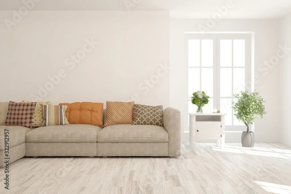 Fototapeta Stylish room in white color with sofa. Scandinavian interior design. 3D illustration