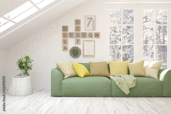 Fototapeta Stylish room in white color with sofa and summer landscape in window. Scandinavian interior design. 3D illustration