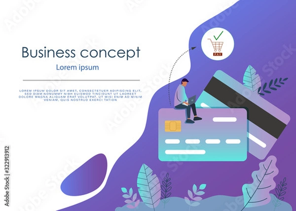 Fototapeta Banking business concept illustration of man sitting on credit cards and using computer for online banking and business. Flat businessmen with credit cards. Vector business background
