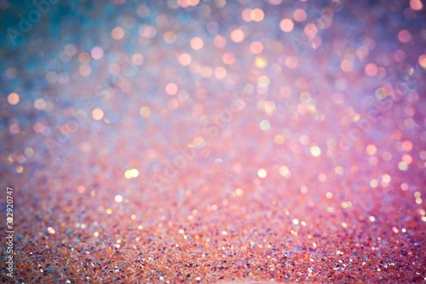 Obraz Glitter texture, shiny pink, purple and blue sequins on paper, abstract background with blur and darkened edges