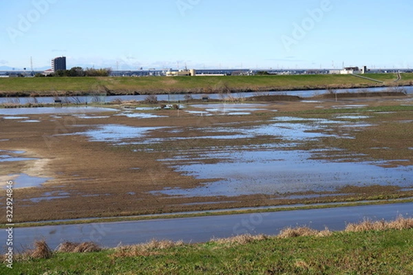 Fototapeta 土手から見る早春の雨上がりの江戸川河川敷風景