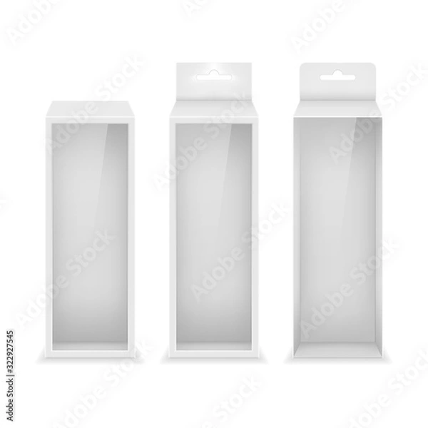Fototapeta Paper white packaging box with transparent window and hanging hole. Blank product package template. Vector illustration.