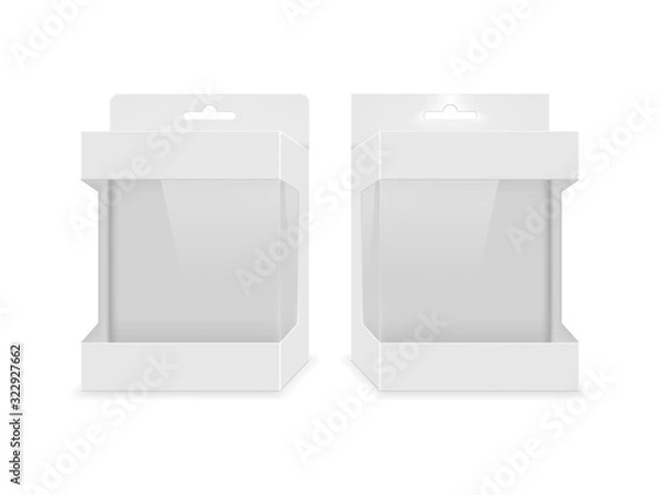 Fototapeta Paper white packaging box with transparent window and hanging hole. Blank product package template. Vector illustration.