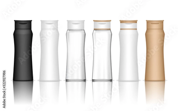 Fototapeta Transparent shampoo bottle isolated on white background. Liquid container for gel, lotion, cream, bath foam. Beauty product package, vector illustration.