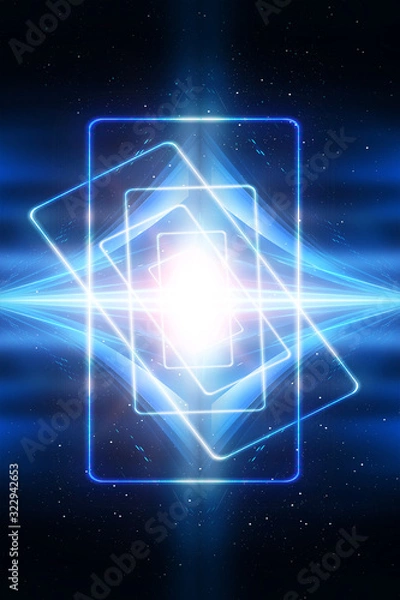 Fototapeta Background of empty show scene. Empty dark modern abstract neon background. Glow of neon lights on an empty stage, diodes, rays and lines. Lights of the night city.