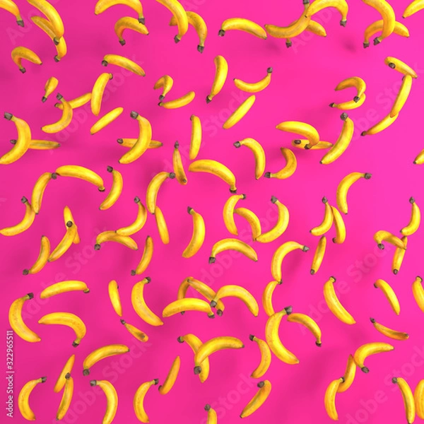 Fototapeta Lot of bananas falling in a random pattern on a bright pink background, 3d illustration