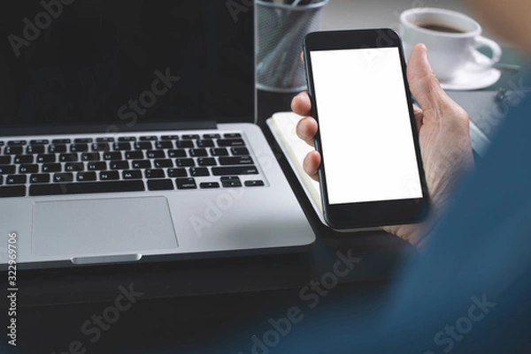 Fototapeta Mockup businessman using smartphone, working, at office