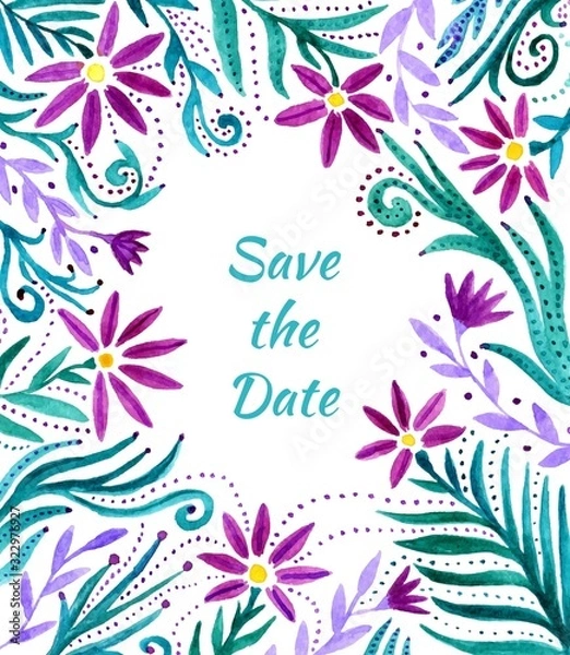 Fototapeta Watercolor floral frame, border pattern. Watercolor hand paint background with flowers. Vector template watercolor flowers card for flyer, postcards, invitation, birthday and greeting card