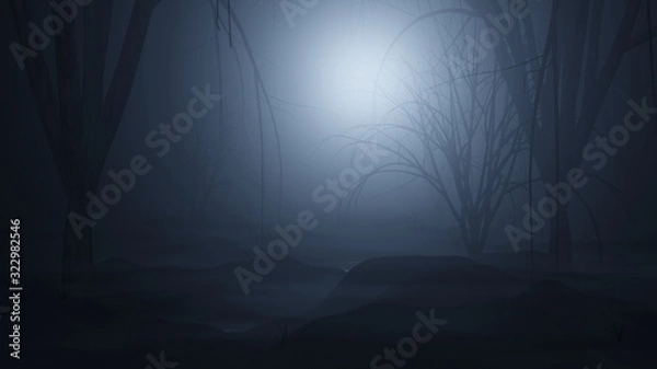 Obraz dark and foggy forest swamp 3d render