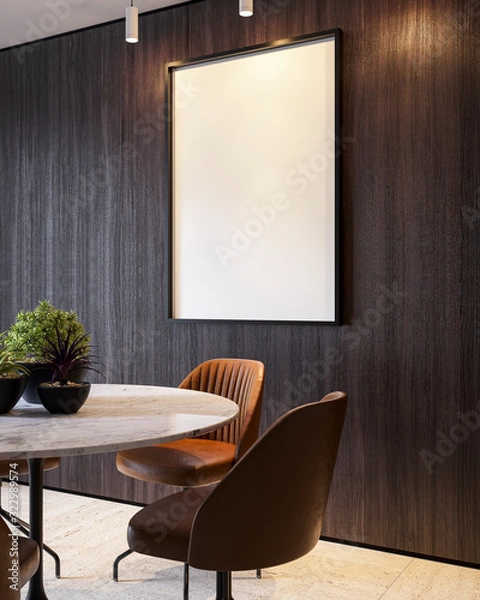 Fototapeta Perspective Frame Poster mockup with black wood frame in sophisticated home interior wooden background, minimal style living room, 3D rendering