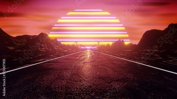 Fototapeta illustration 80s retro synthwave road 3d render 