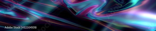 Obraz Futuristic, abstract translucent wavy and glowing multicolor lines on a black background. Horizontal banner.